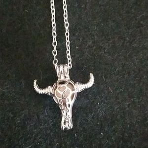 A cow skull necklace with fresh water